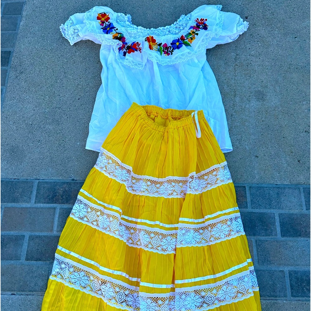 White Embroidered Off-Shoulder Top with Yellow Lace Maxi Skirt